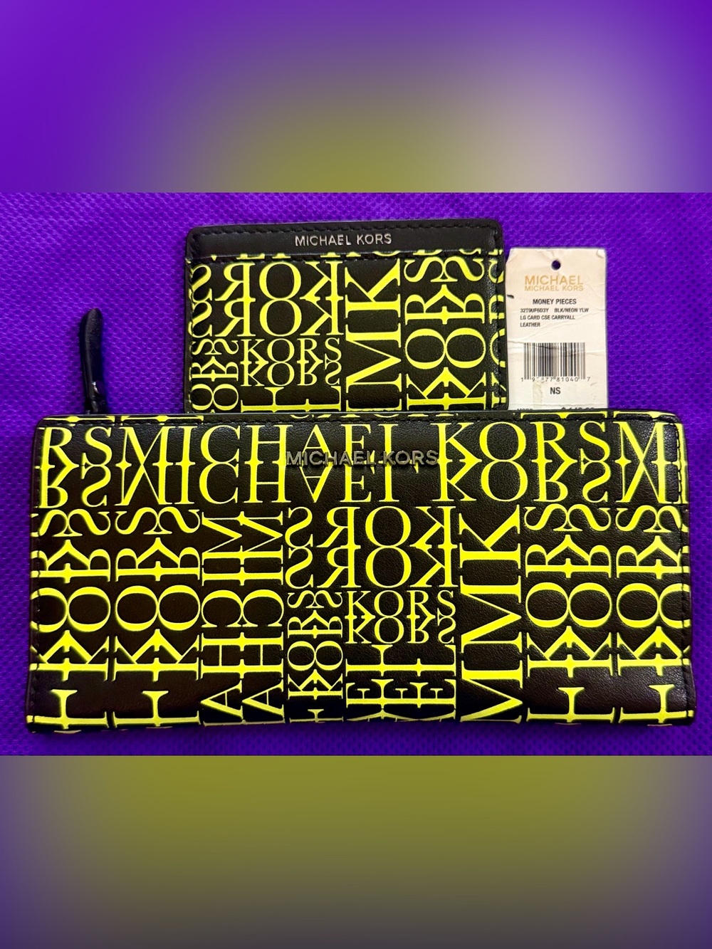 💛RARE Michael Kors “Money Pieces” Black & Neon Yellow Logo Leather Wallet Set